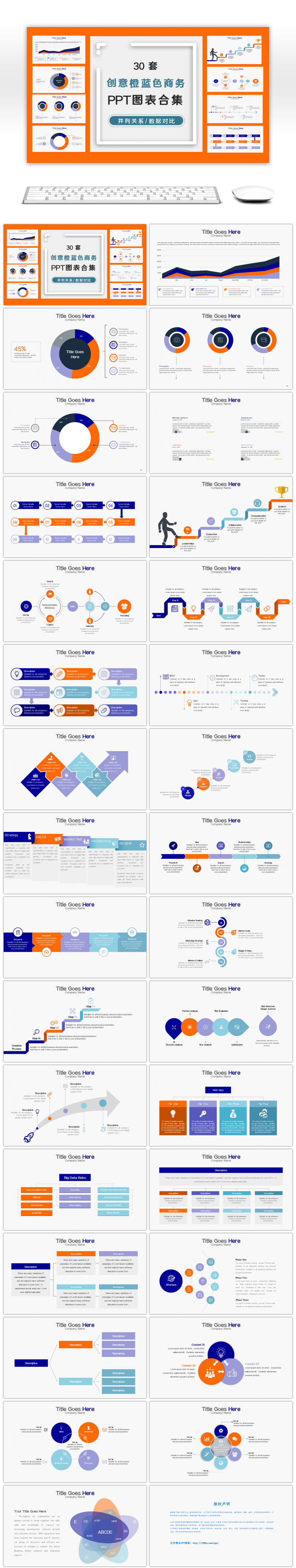 30套创意橙蓝色商务PPT图表合集