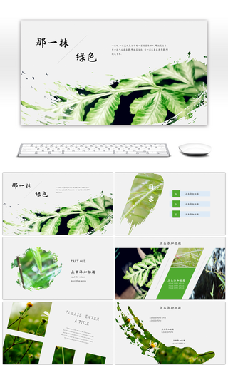 绿色小清新夏天绿叶画册PPT模板