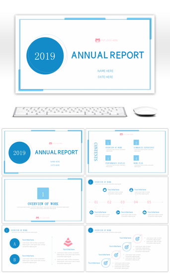 干净pptPPT模板_素雅蓝粉简约风工作总结报告PPT模板