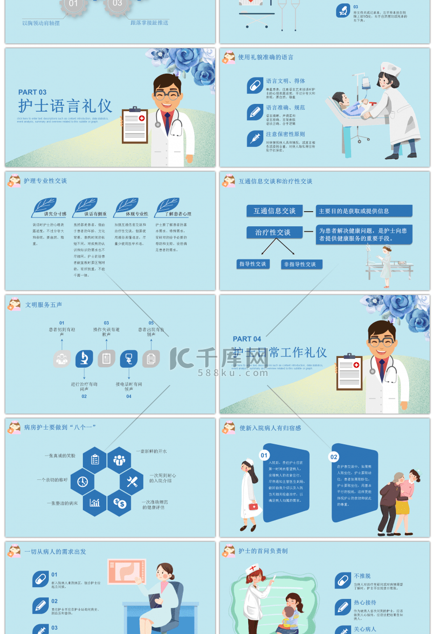 蓝色系卡通风格护士礼仪培训PPT模版