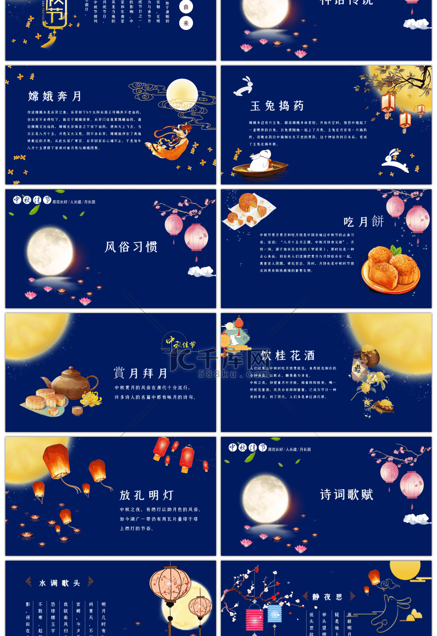 古典蓝色中国风中秋节节日介绍PPT模板