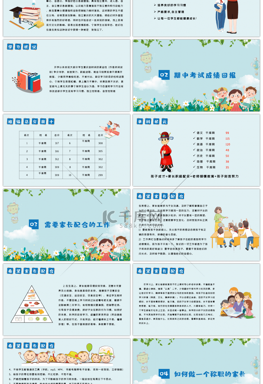 蓝色卡通中小学期中家长会班会PPT模板