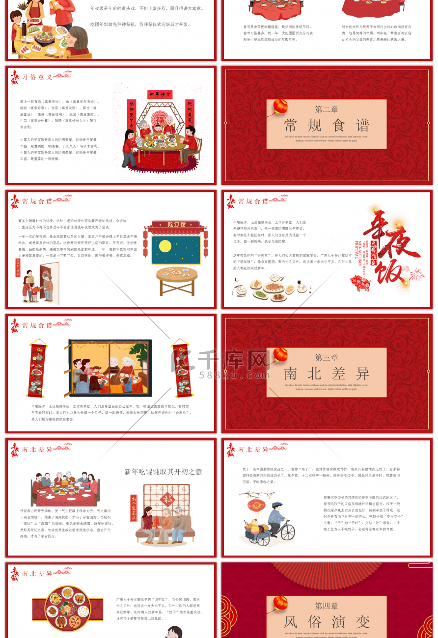 红色卡通风格年夜饭文化介绍PPT模板