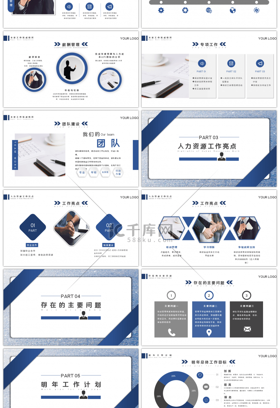 蓝色简约人力资源部工作总结PPT模板