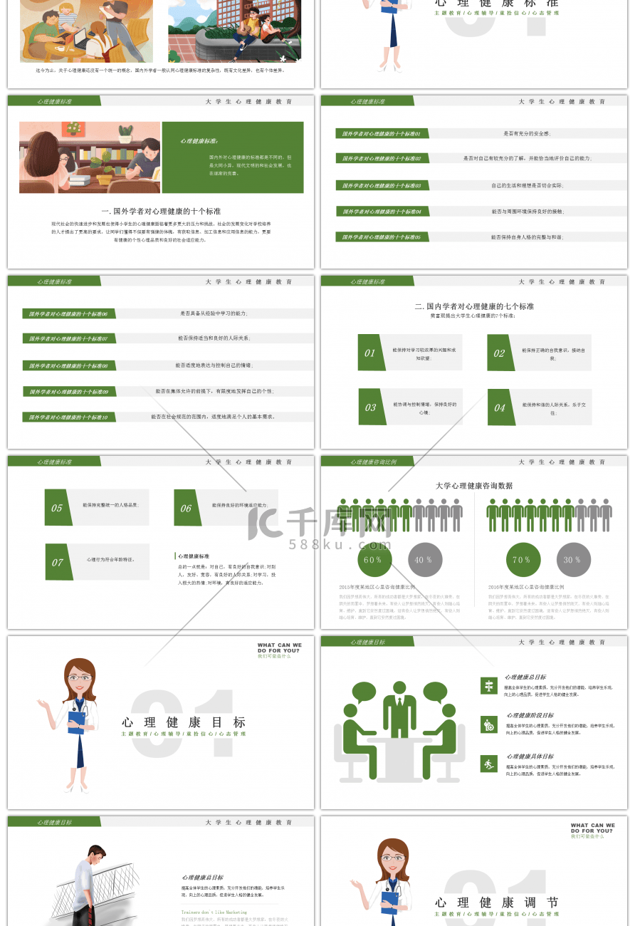 绿色大学生心理健康教育辅导PPT模板
