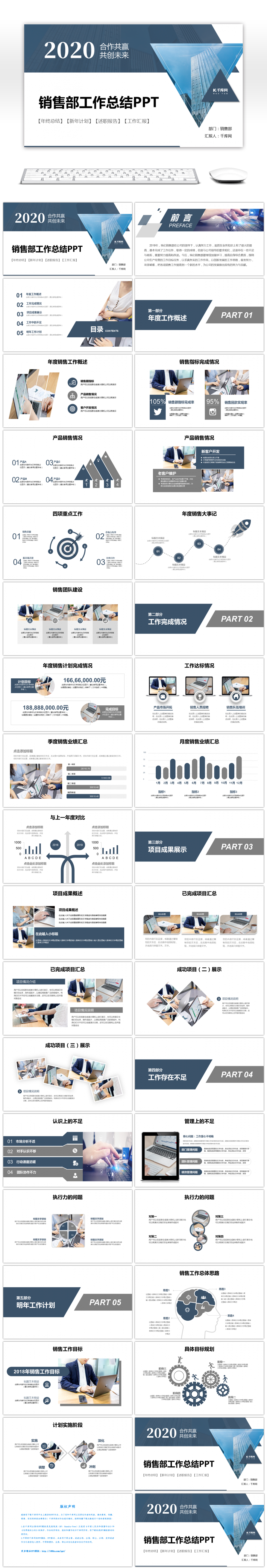 稳重商务蓝灰色销售部工作总结PPT模板