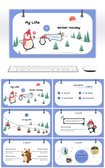 假期PPT模板_蓝色小企鹅主题寒假生活英文PPT模板