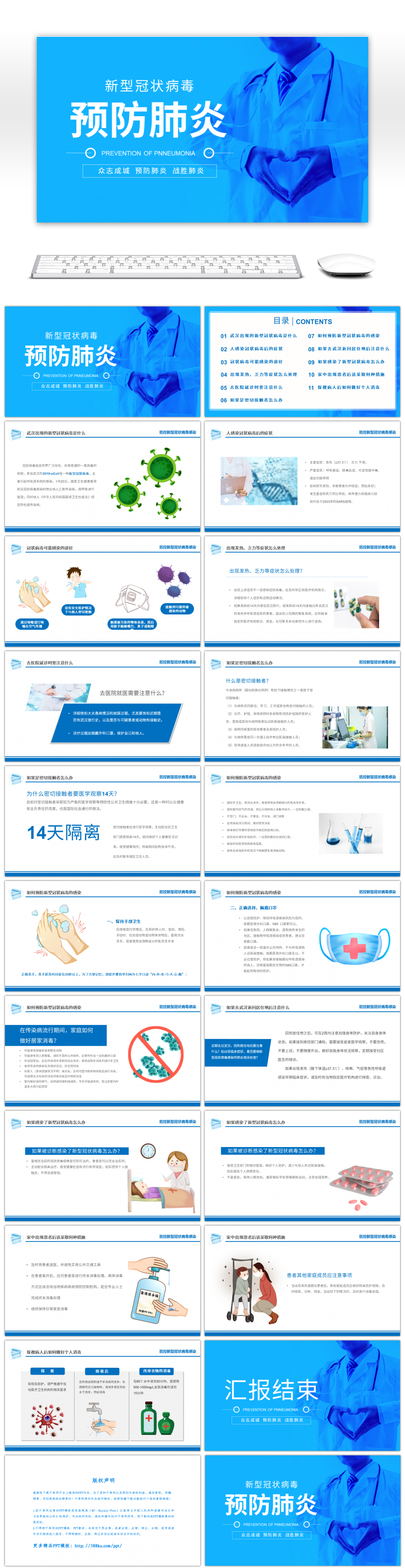 蓝色医疗新型冠状病毒预防知识PPT模板