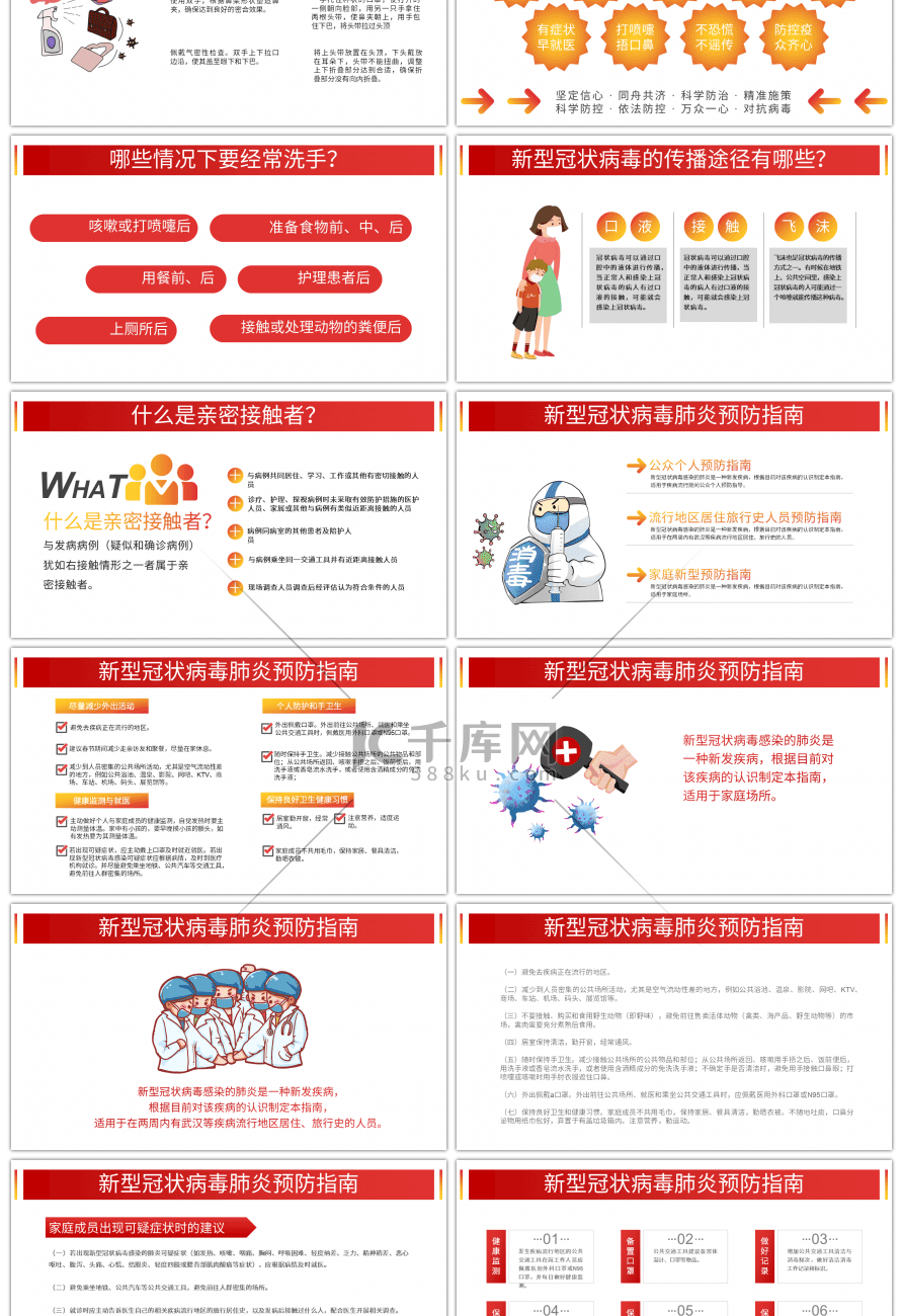 红色卡通人物新型冠状病毒预防PPT模板