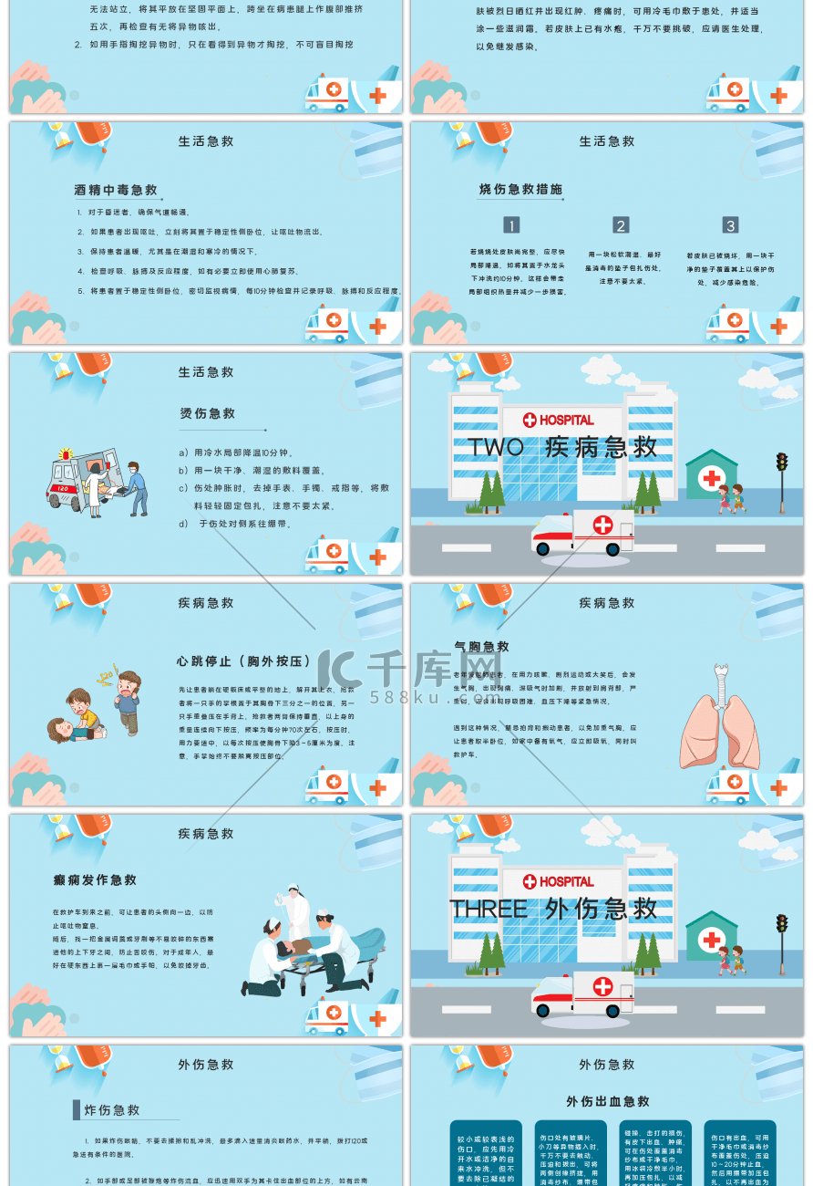 蓝色卡通内容型急救小常识医疗PPT模板