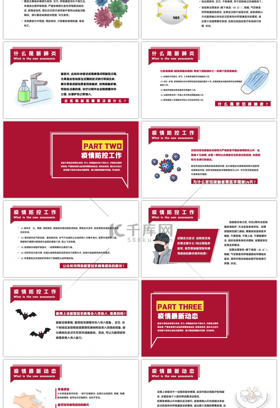 红色创意新型冠状病毒预防肺炎PPT模板