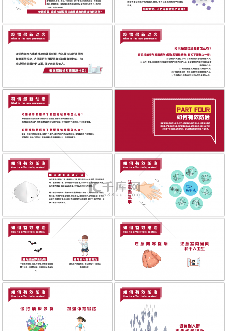 红色创意新型冠状病毒预防肺炎PPT模板