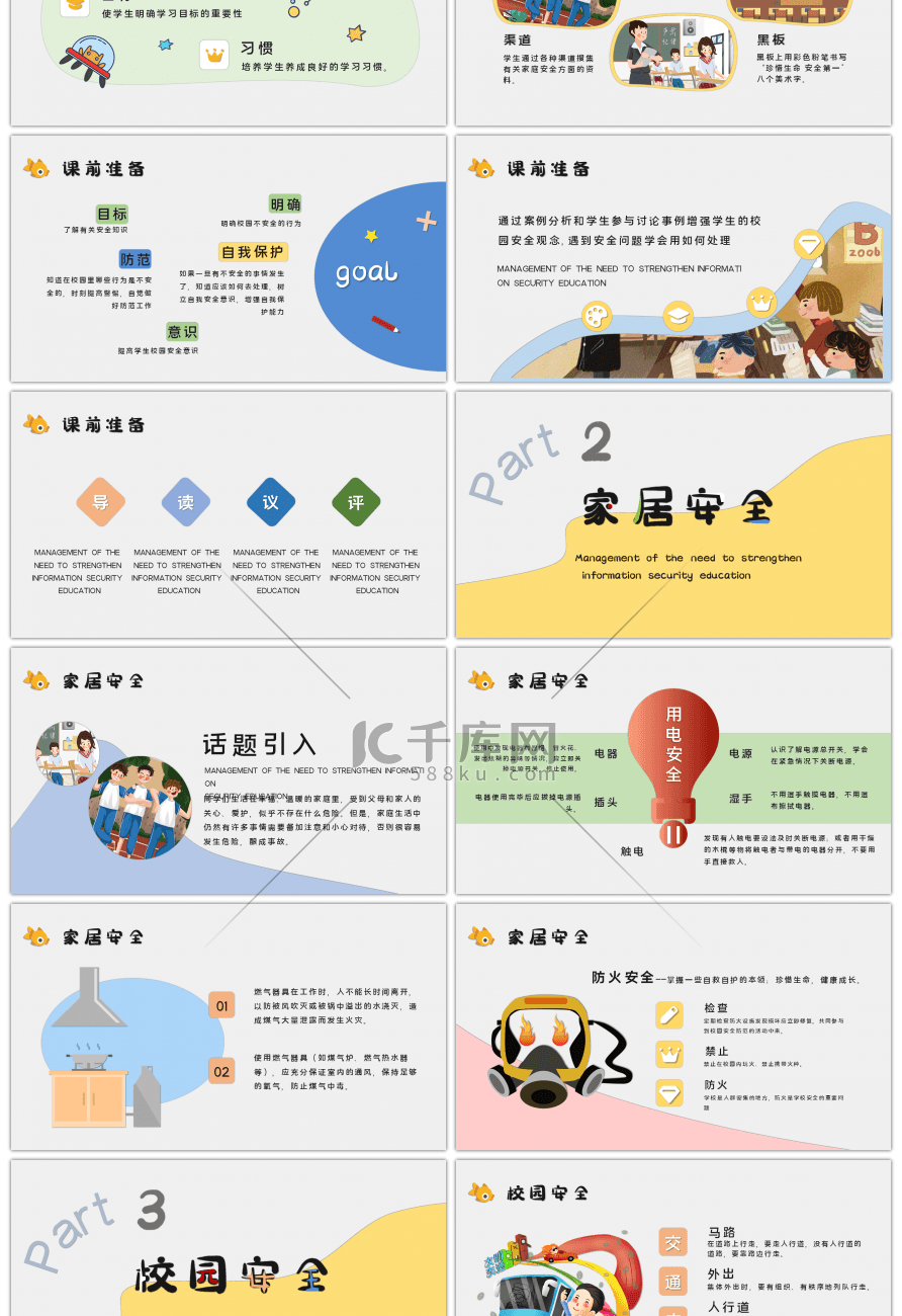 黄蓝卡通小学安全教育班会PPT模板