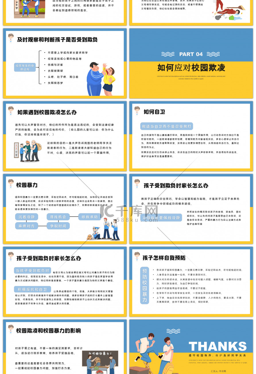 黄蓝撞色卡通如何面对校园暴力PPT模板