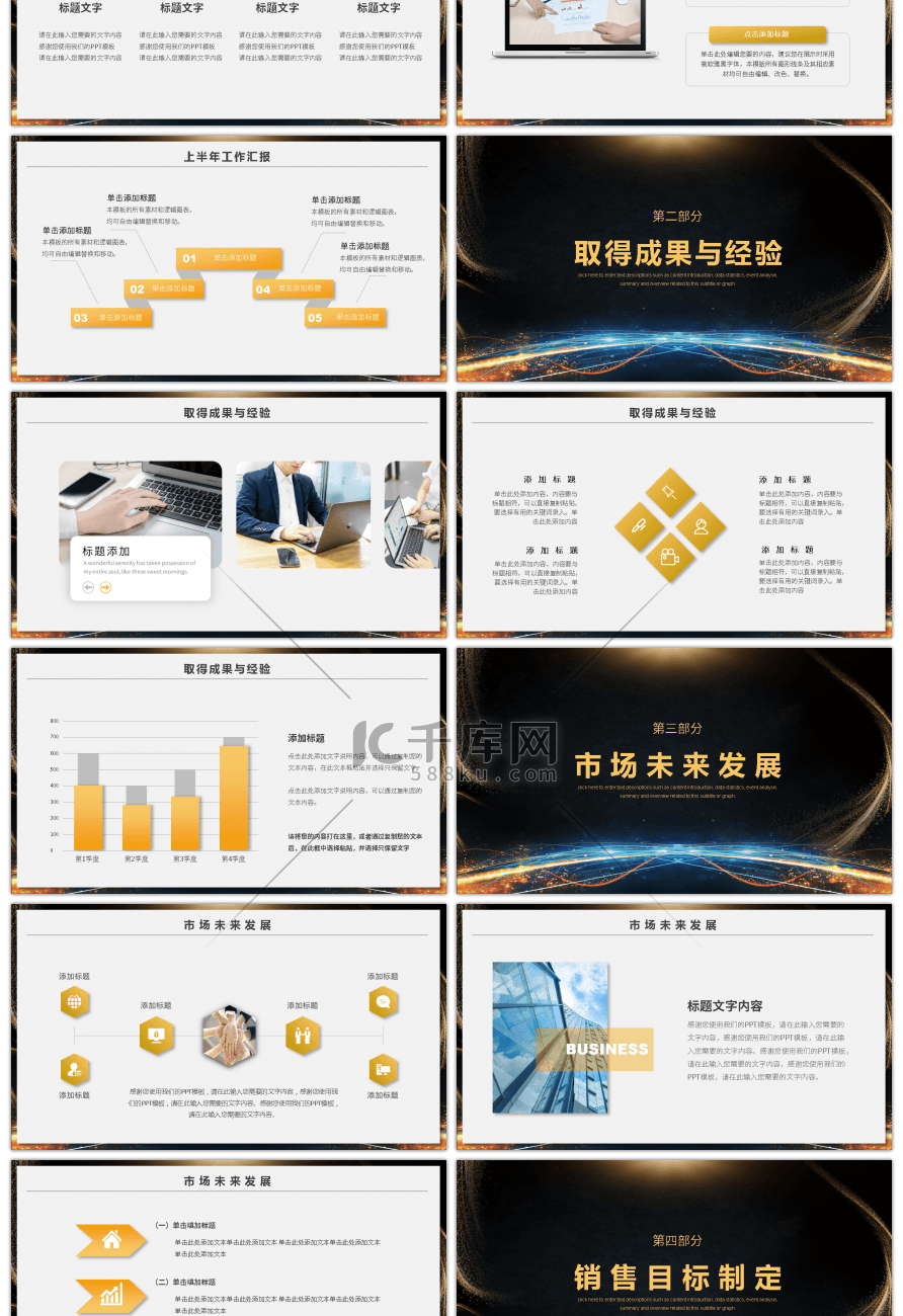 暗金商务大气企业年中汇报总结PPT模板