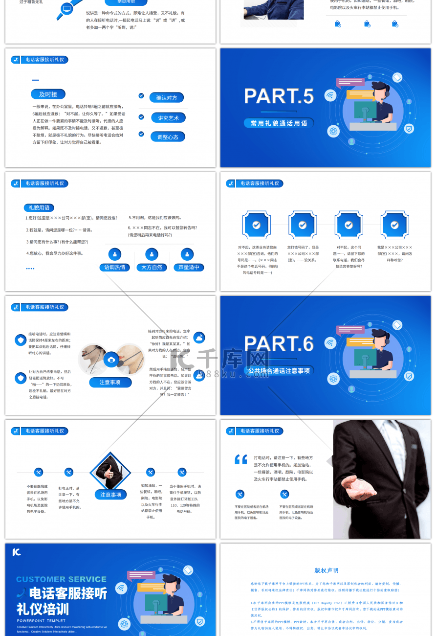 蓝色渐变手绘电话客服接听礼仪培训PPT模板