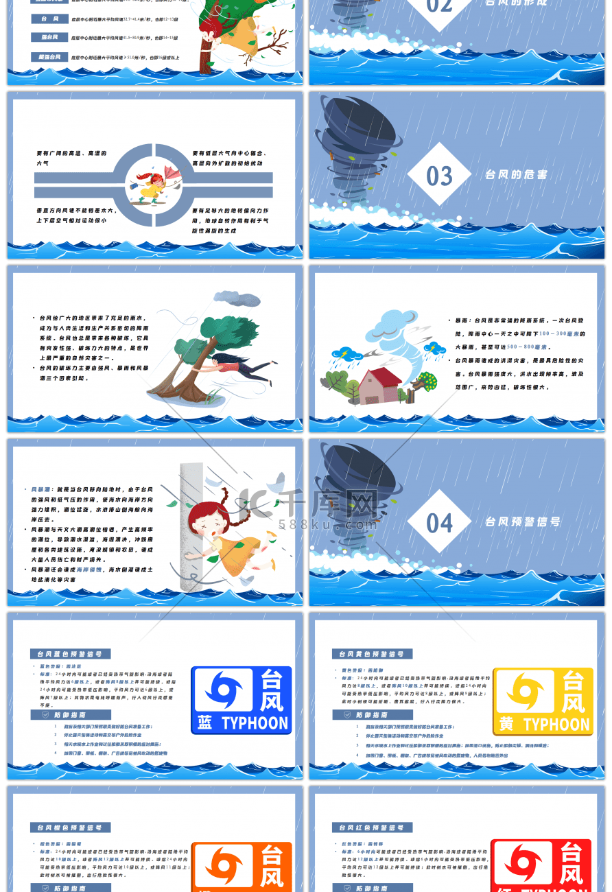 蓝色卡通台风来袭龙卷风暴雨防台风安全教育PPT模板