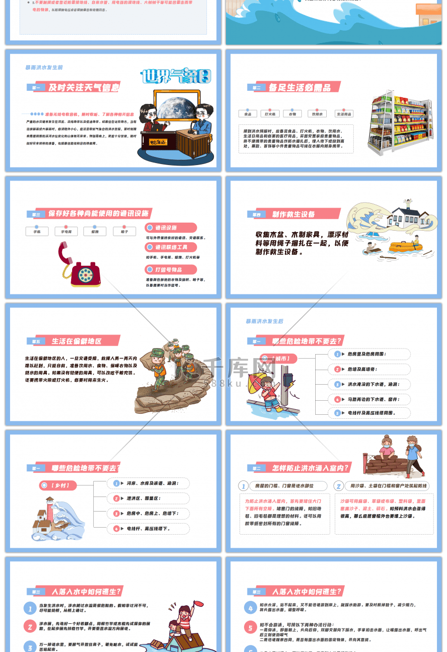 蓝色卡通防洪安全防护知识PPT模板