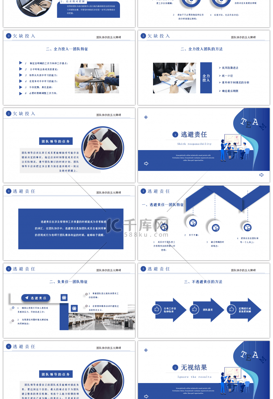 蓝色企业培训团队协助的五大障碍PPT模板