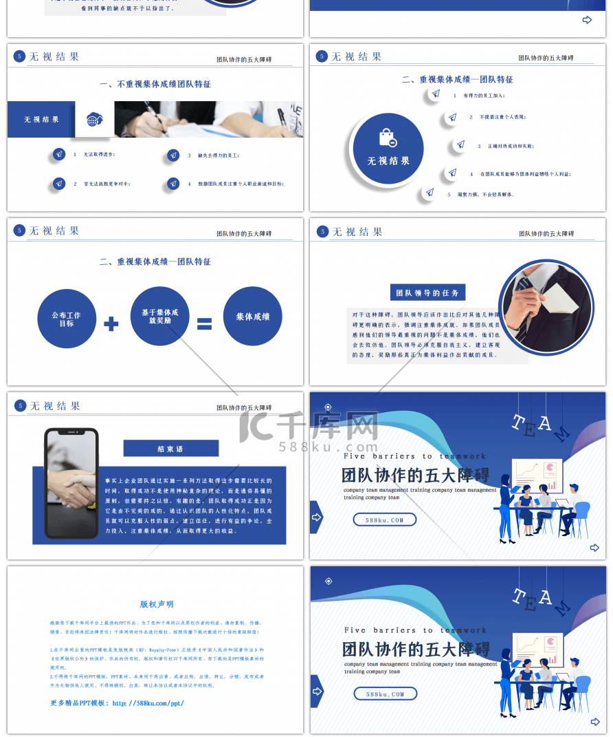 蓝色企业培训团队协助的五大障碍PPT模板