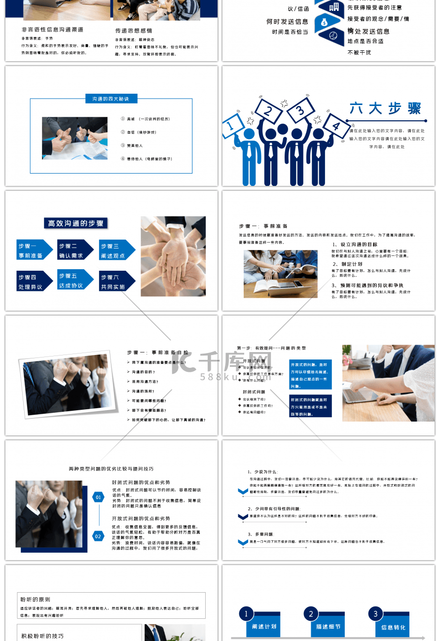 蓝色创意有效沟通的六大步骤课件PPT模板