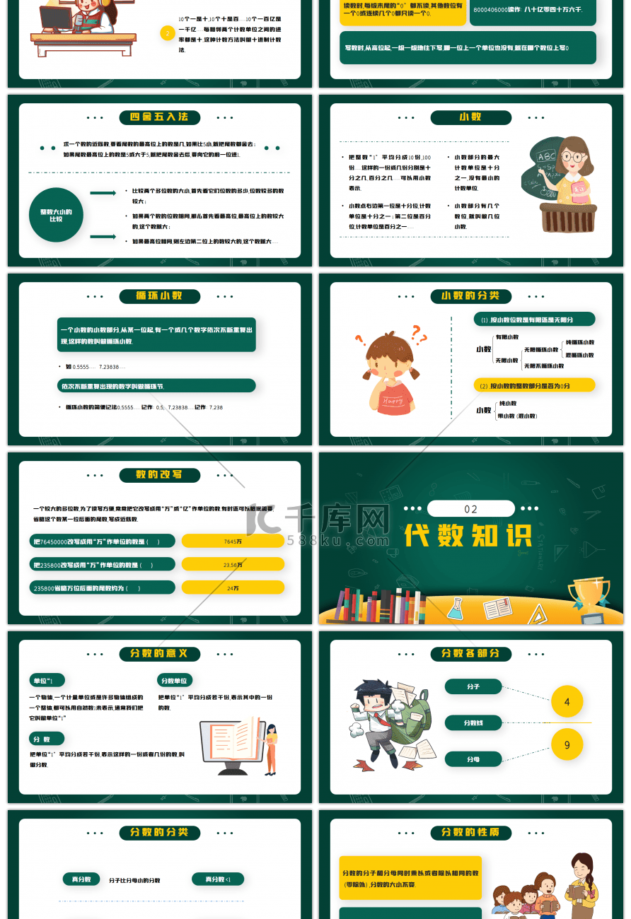 绿色创意卡通小学数学知识课件PPT模板