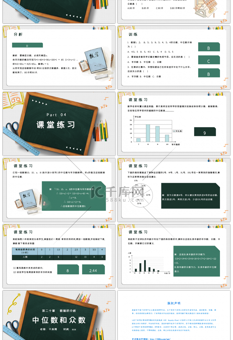 绿色小学数学中数中位数教学课件PPT模板