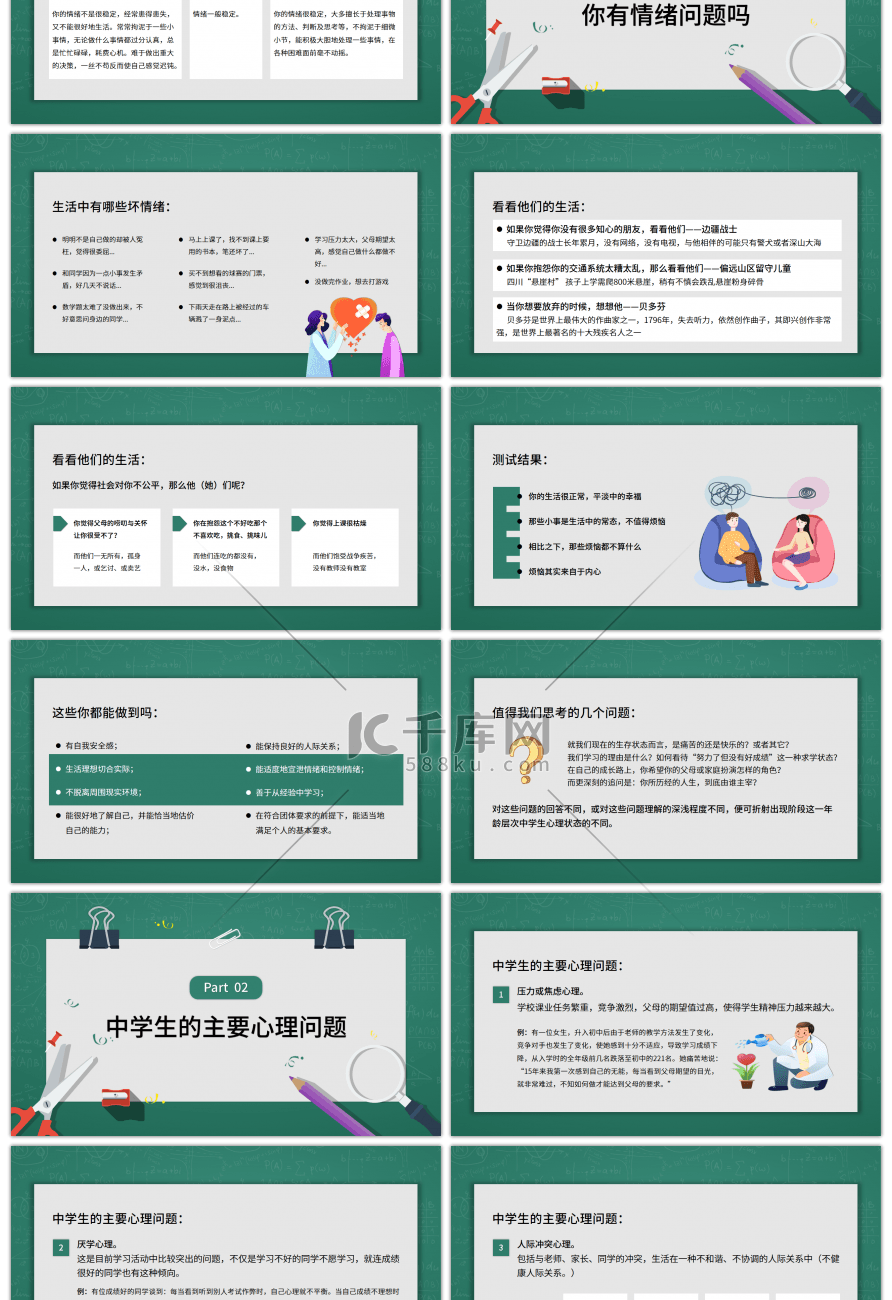 绿色中学生心理健康主题班会PPT模板