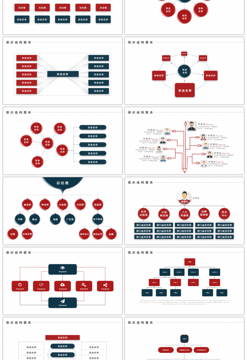 20套深红蓝色商务企业组织架构PPT图表