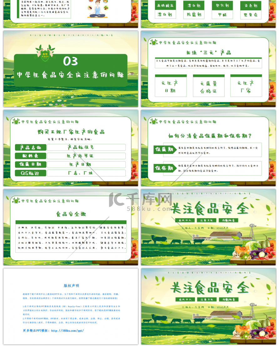 绿色卡通关注食品安全注重卫生均衡饮食培训PPT模板