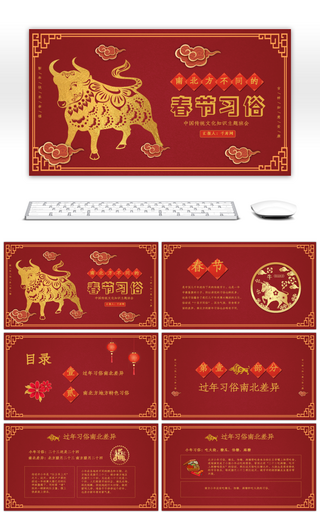 红色喜庆中国风春节习俗传统文化PPT模板