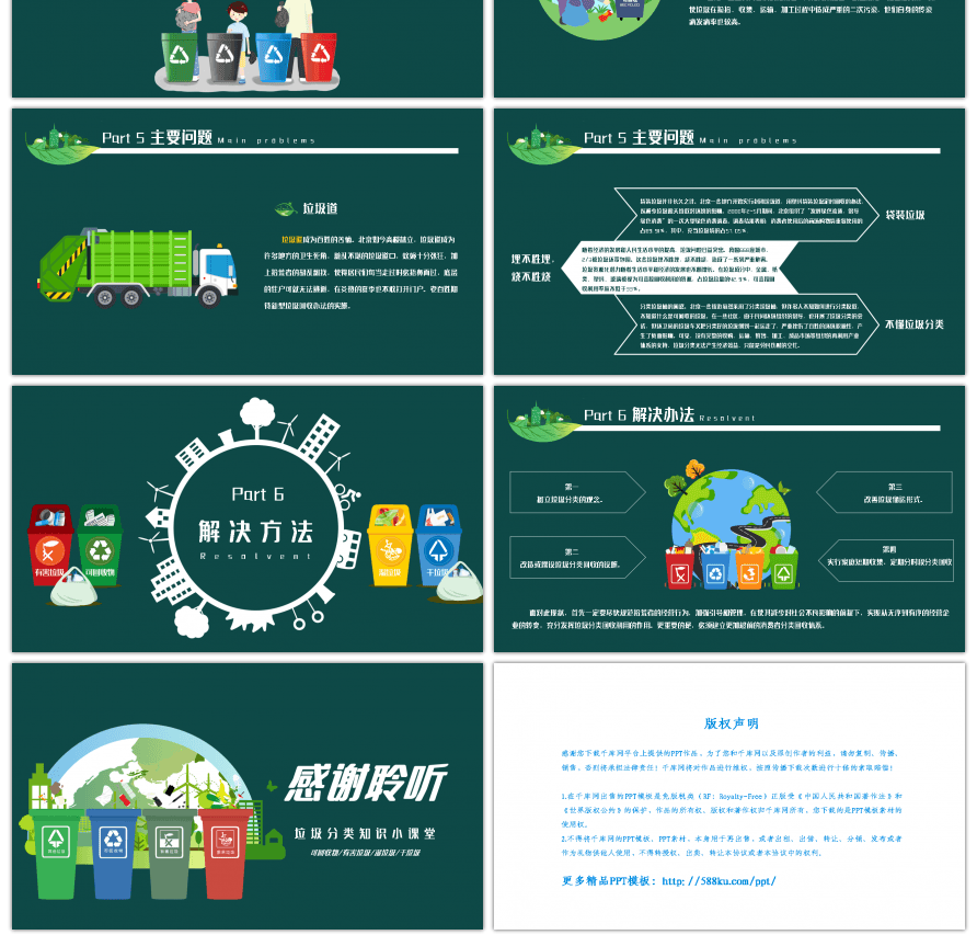 绿色创意环保垃圾分类知识小课堂PPT模板