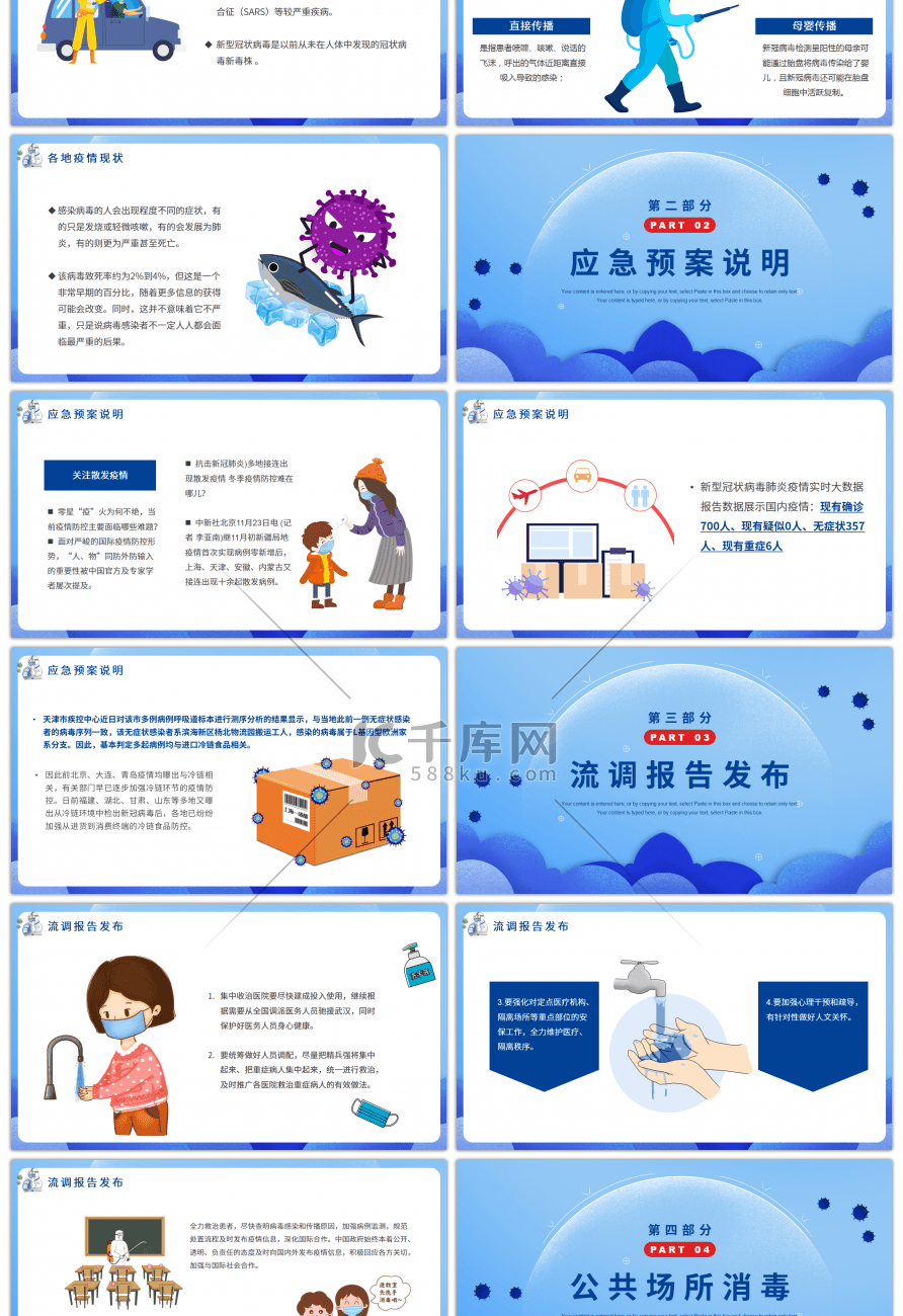 蓝色卡通严防疫情扩散复发宣传PPT模板