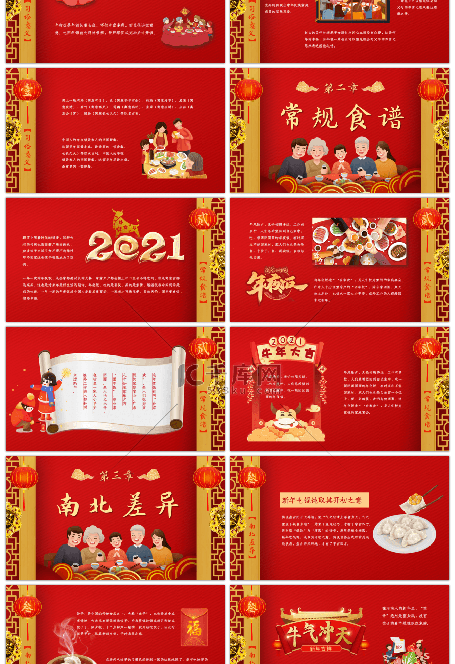 红色卡通风中国传统除夕年夜饭文化介绍PPT模板