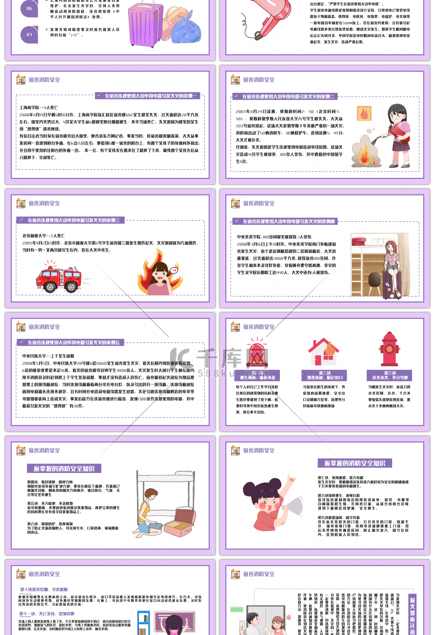 紫色卡通学生宿舍安全知识汇报讲座PPT模板