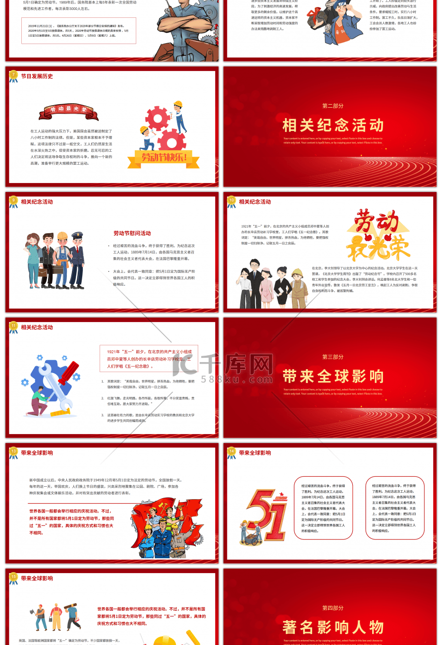 红色系五一国际劳动节介绍PPT模板