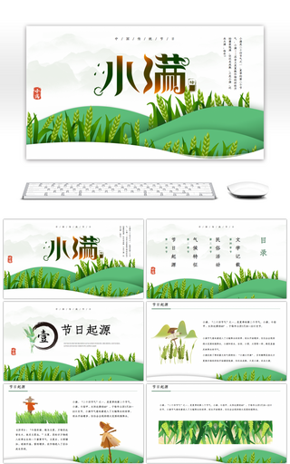 绿色卡通风中国二十四节气之小满节日介绍PPT模板