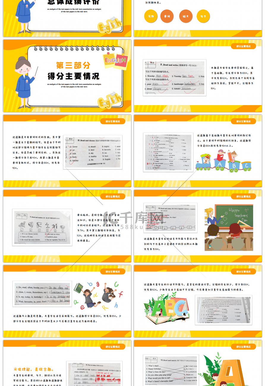 黄色卡通风英语期末考试试卷分析PPT模板