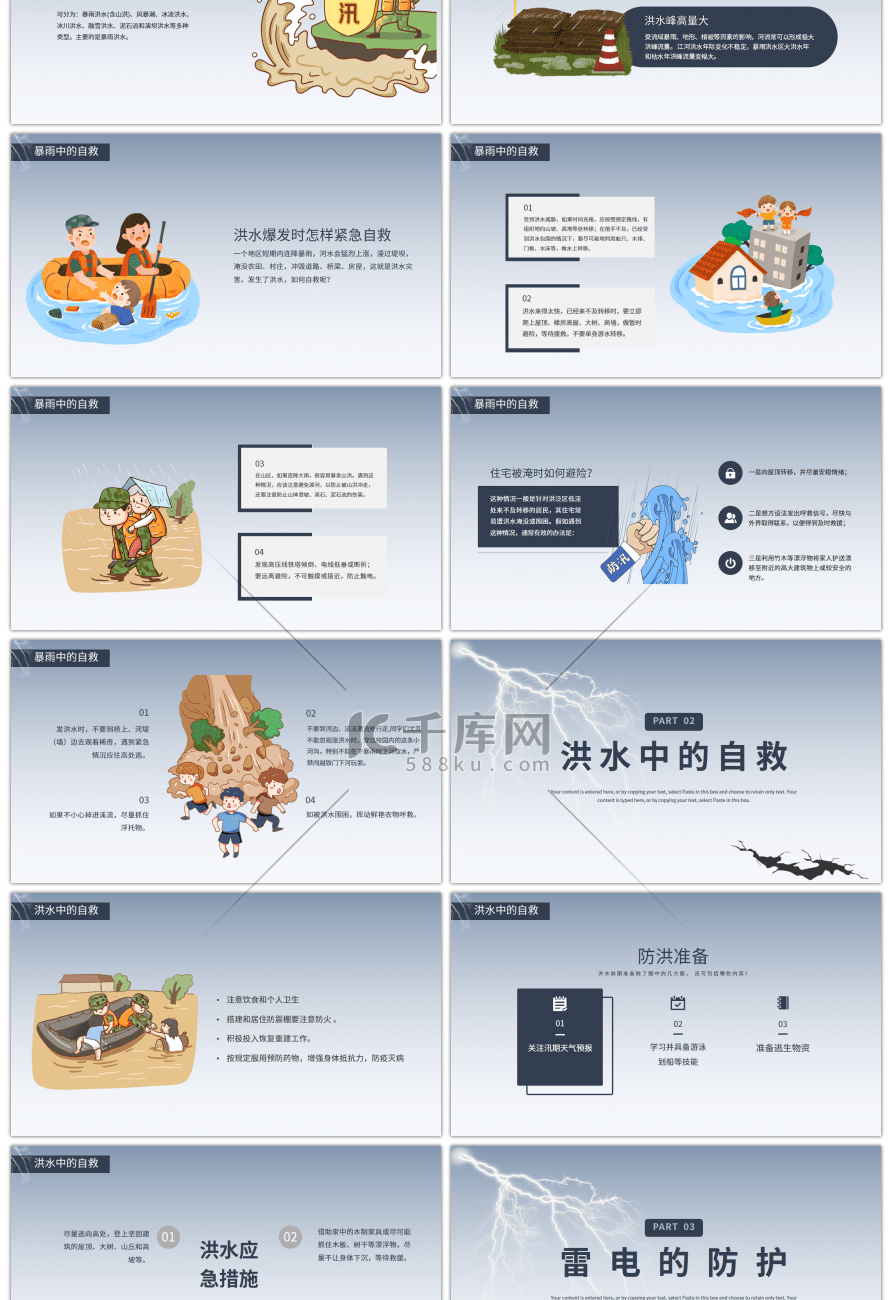 蓝色预防雷电洪灾暴雨知识班会PPT模板