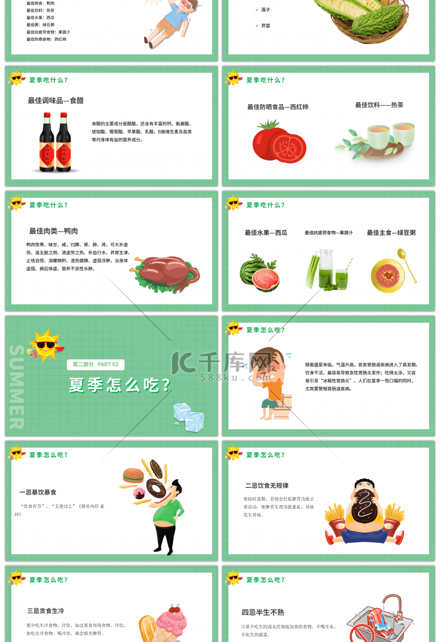 绿色卡通夏季健康饮食培训课件PPT模板