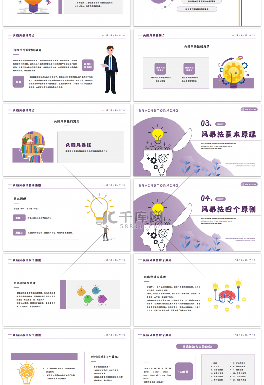 紫色简约头脑风暴法培训课件PPT模板