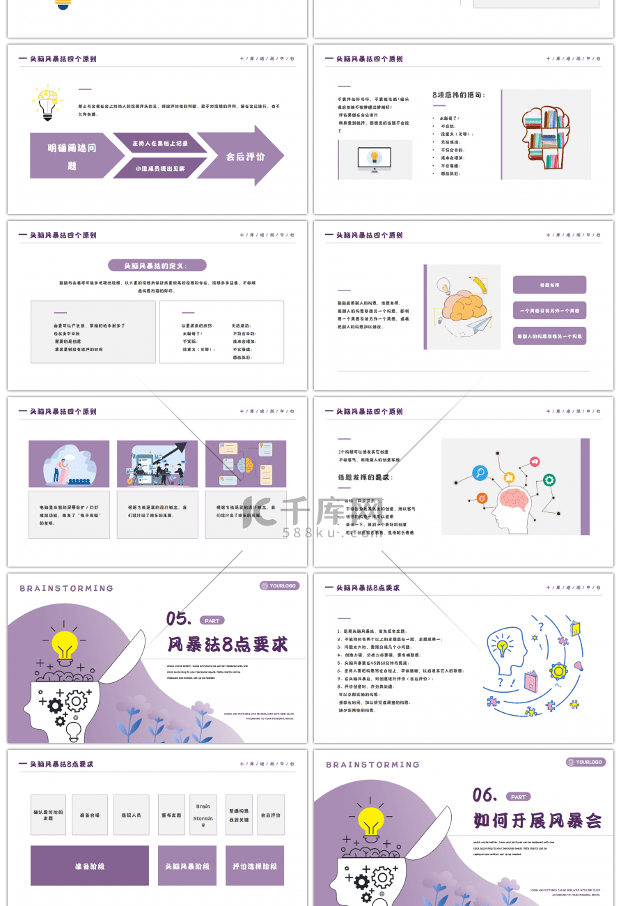 紫色简约头脑风暴法培训课件PPT模板