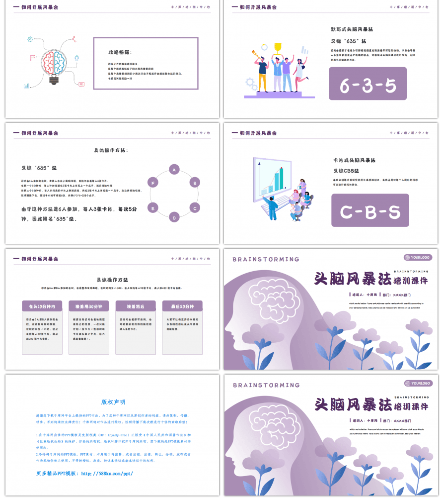 紫色简约头脑风暴法培训课件PPT模板