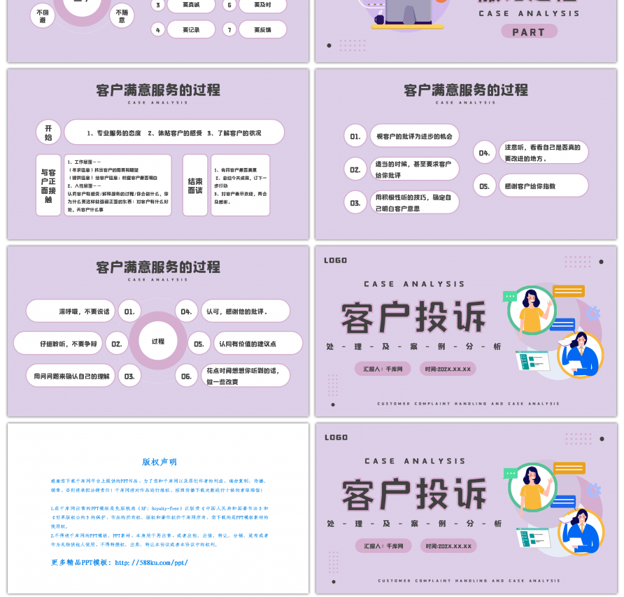 紫色创意客户投诉处理及案例分析PPT模板