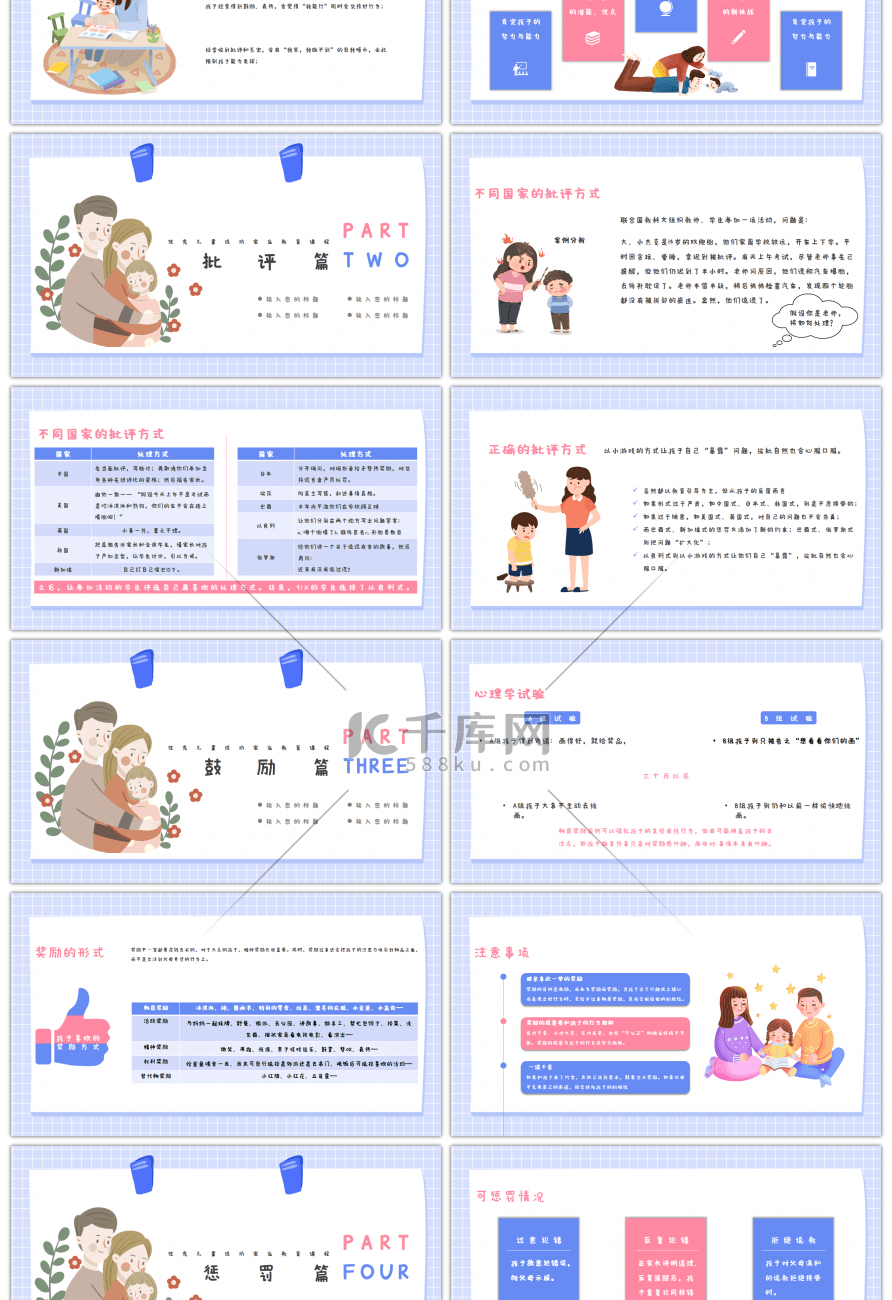 优秀儿童成功家庭教育课程蓝色小清新PPT模板 