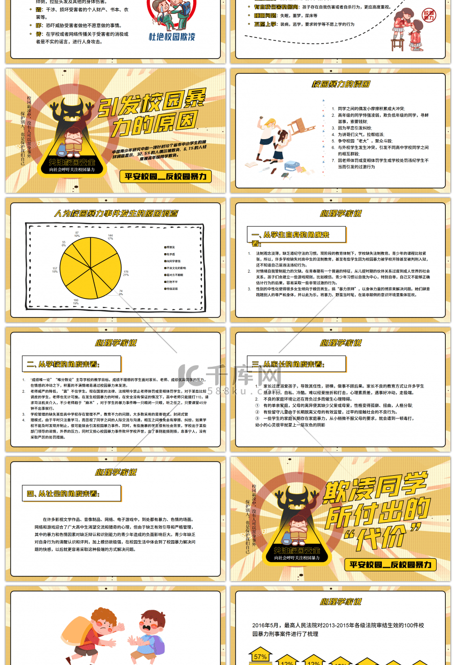 黄色几何创意平安校园反校园暴力PPT模板