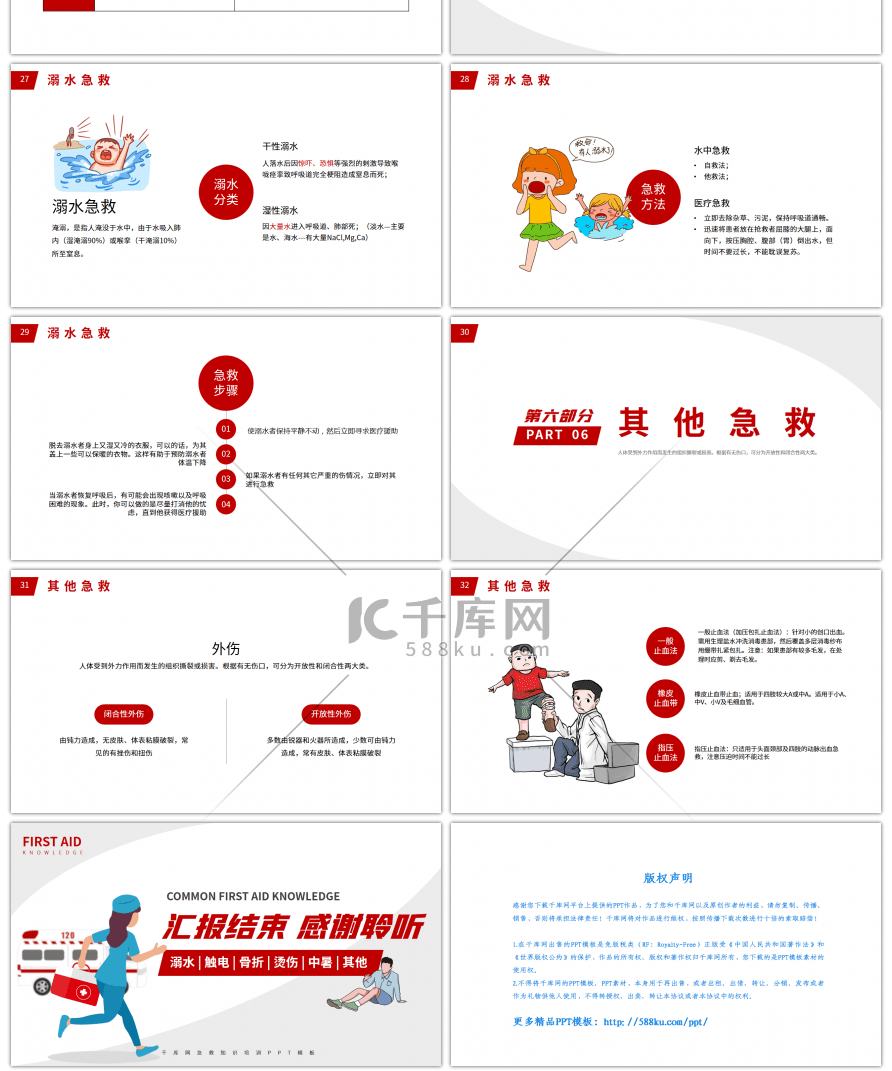 红色扁平常用急救知识培训课件PPT模板