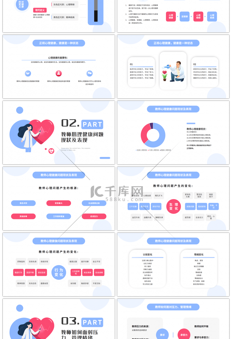 蓝色扁平卡通大学教师心理健康PPT模板