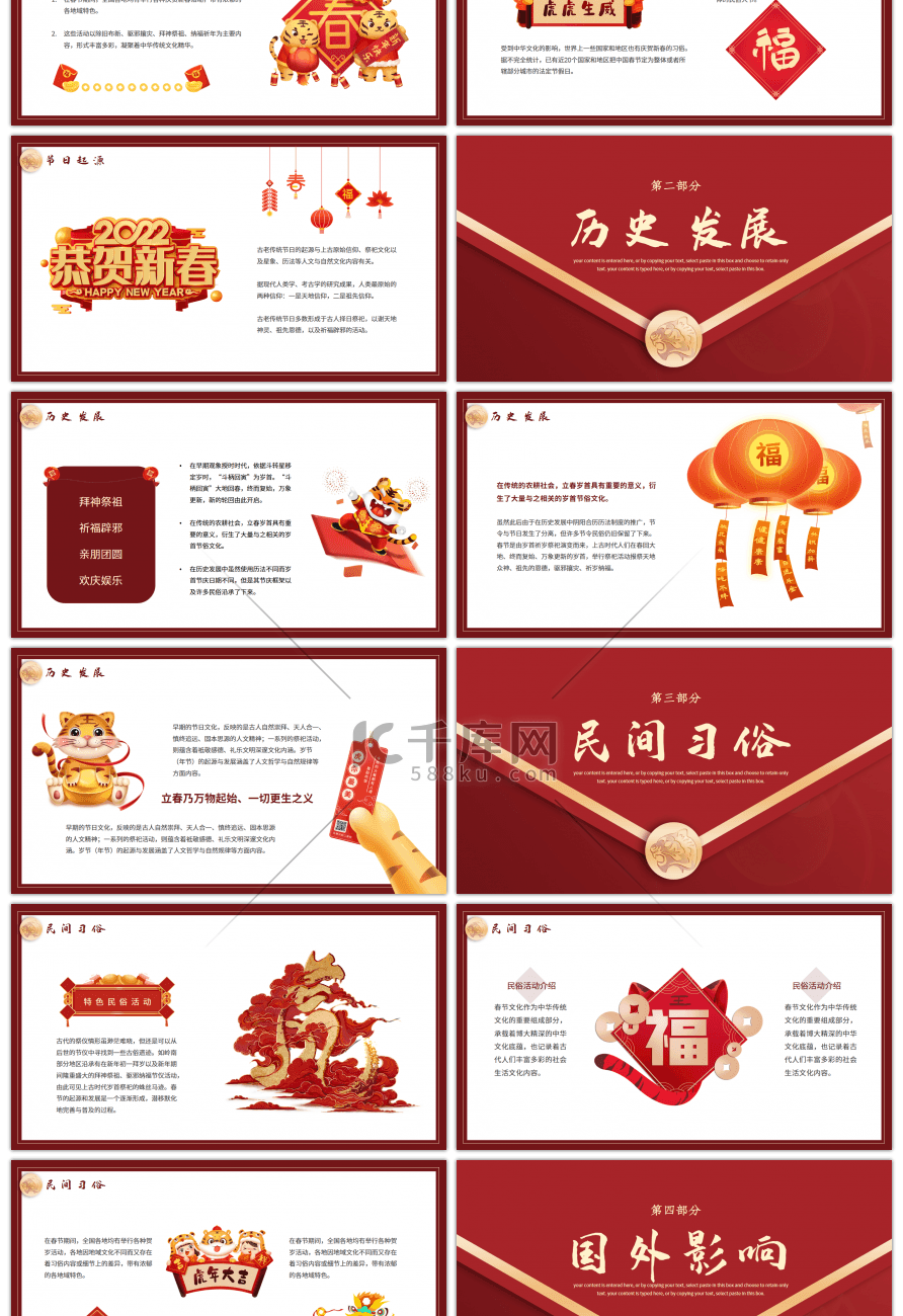 红色中国风传统节日虎年春节介绍PPT模板