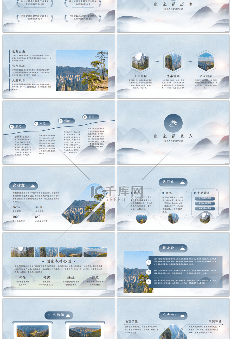 张家界旅游城市介绍浅蓝水墨PPT模板